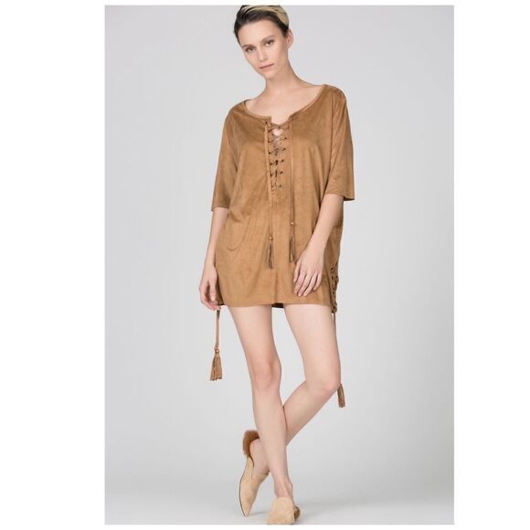 Pol Faux Suede Drawstring Top In Camel - Picture 4 of 8